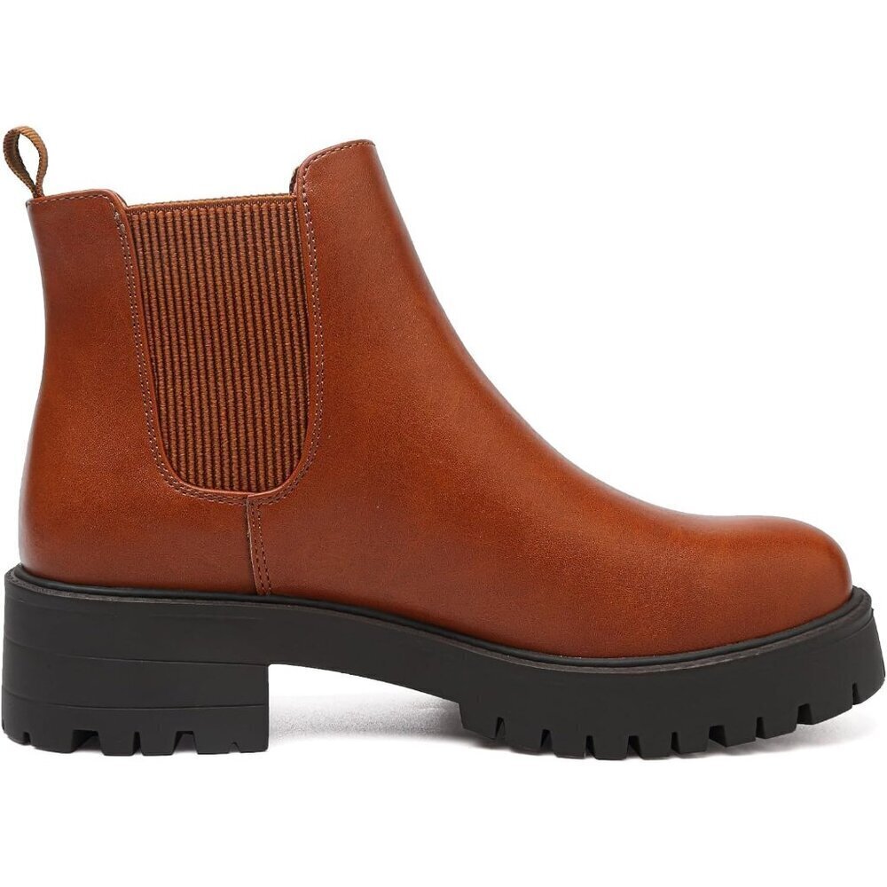 Girls Brown Pull-On Fall Chelsea Boots Water-Resistant PU Ankle Heel Boots - Picture 2 of 7